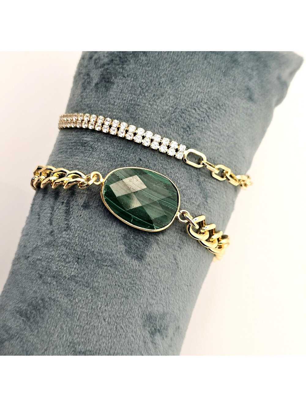 Faceted Green Malachite Cuban Link Paired with Double Row CZ Bracelet Set